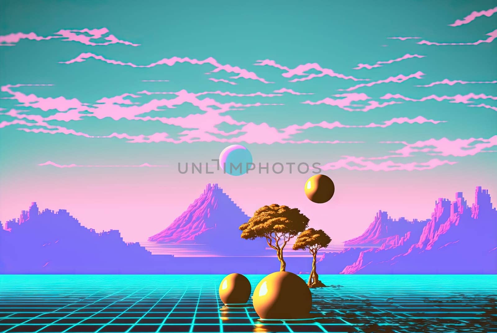 Abstract vaporwave scene with golden ball on the landscape with mountains. 80s styled pink and blue surreal composition. Generated AI. by SwillKch