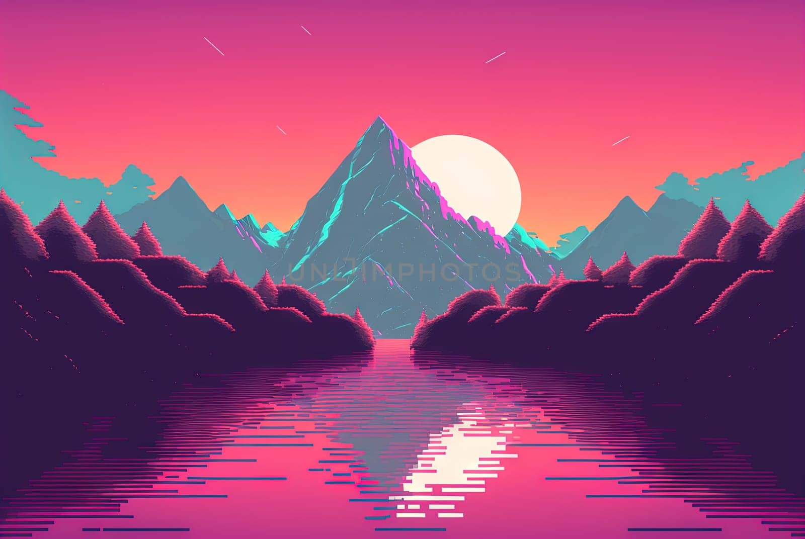 Calm and relaxing landscape with mountains in vaporwave style. Pink and blue view in 90s style. Generated AI