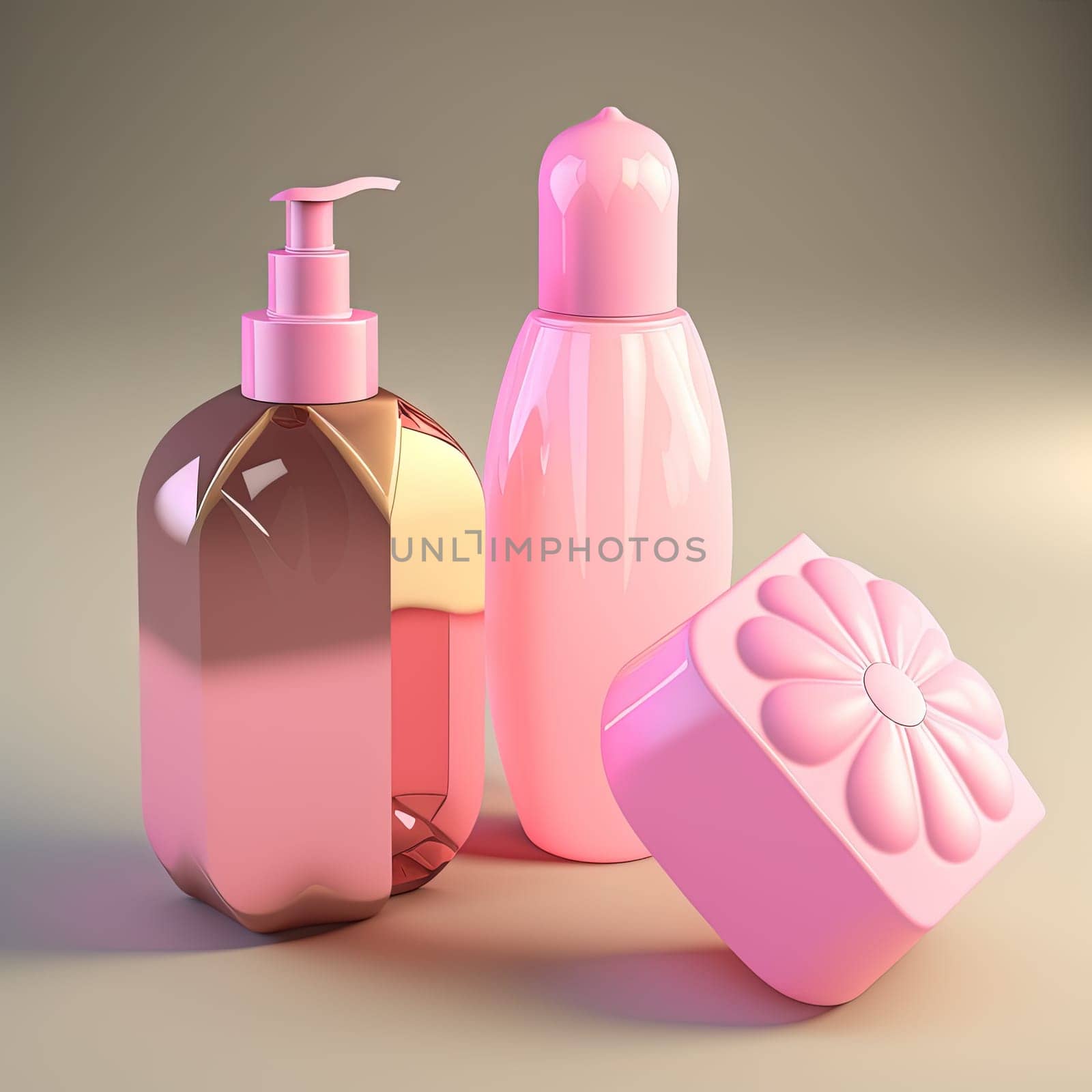 Cosmetics bottles mockup. Empty pink bottles on the pink background. Generative AI