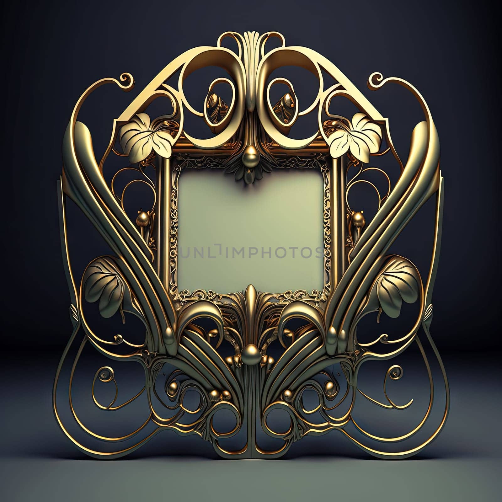 Golden ornamental art deco frame on black bakcground. Retro golden art deco or art nouveu frame with vintage ornament. Generative AI by SwillKch