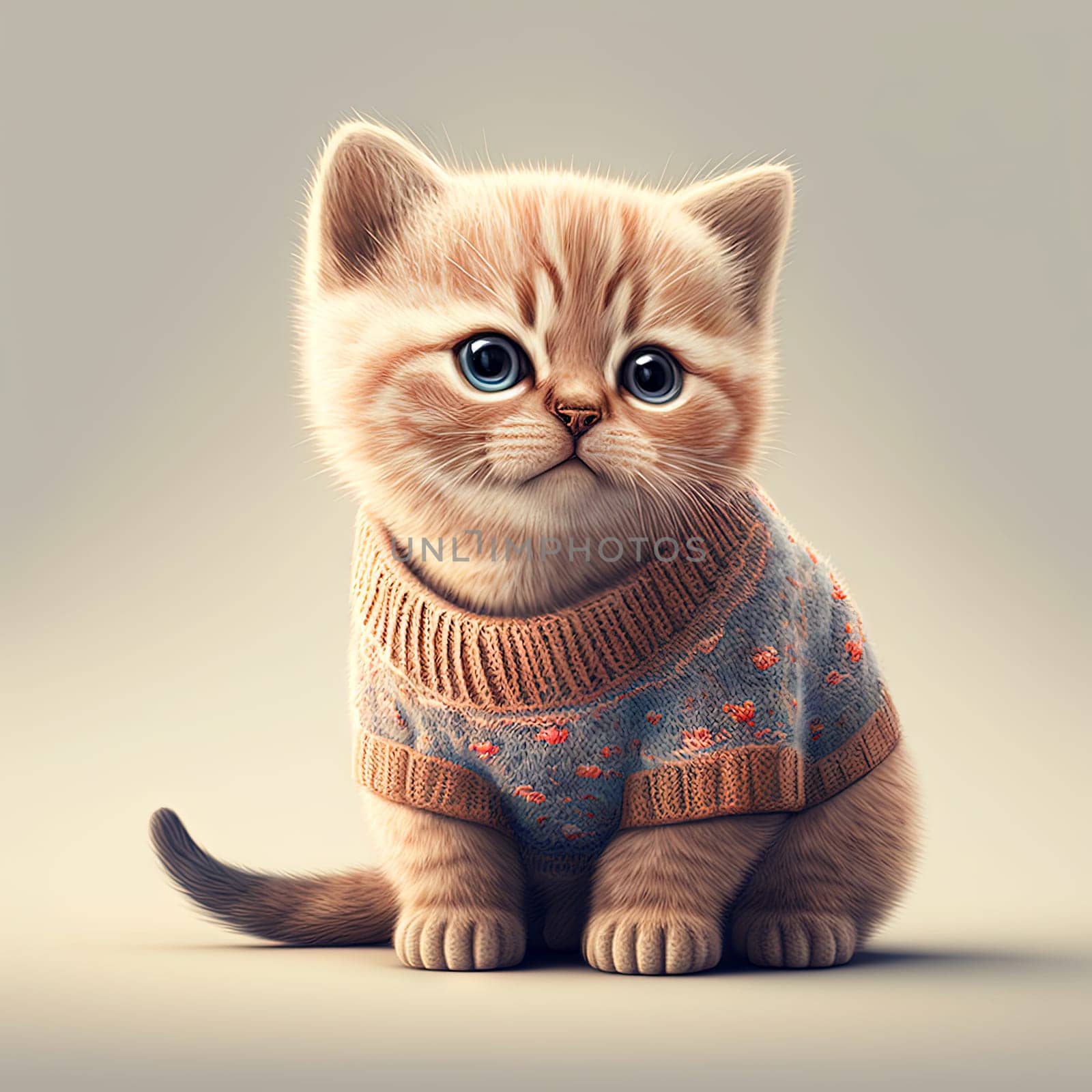 Cute kitten in sweater sitting. Small cat in gray sweater watching. Generative AI illustration. by SwillKch