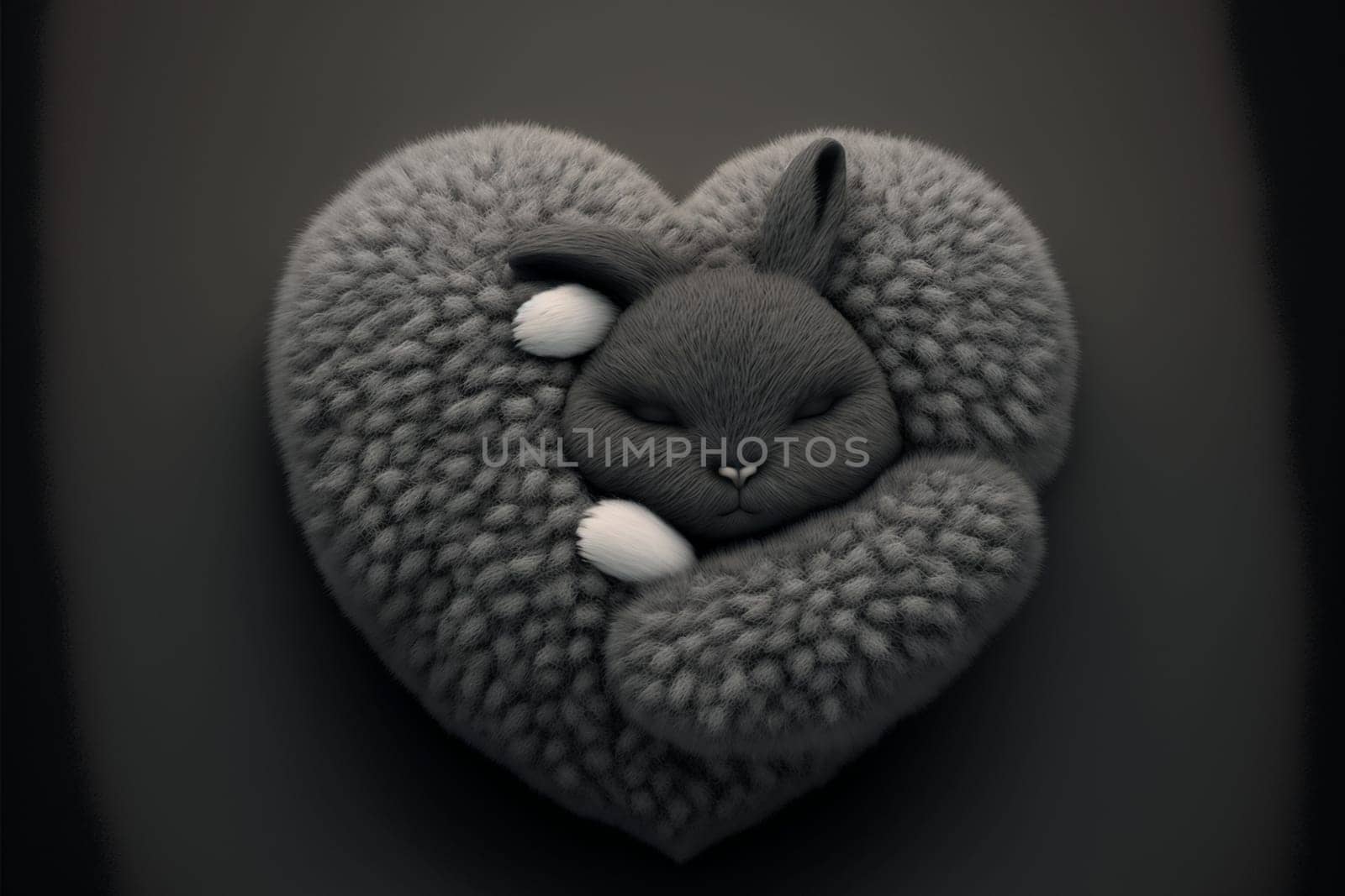 Cute fluffy black rabbit hugging red heart. Valentine's Day greetings from romantic bunny holding heart. Generative AI