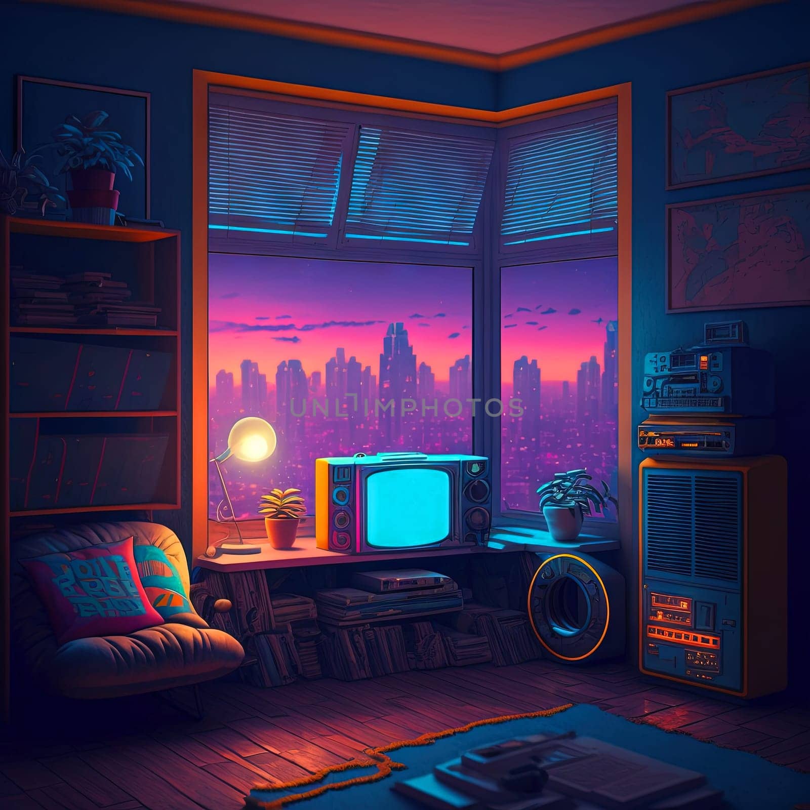 Nostalgic retro room in 80s synthwave or cyberpunk style. Futuristic neon interior of the 90s styled apartment by SwillKch