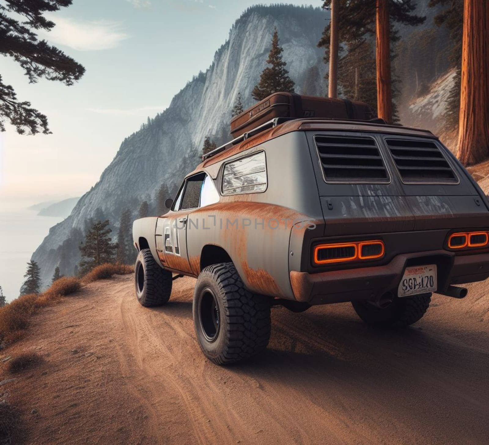 rusty dirt offroad 4x4 lifted vintage custom camper conversion jeep overlanding in mountain roads, nomadic lifestyle, adventure living, ai generated