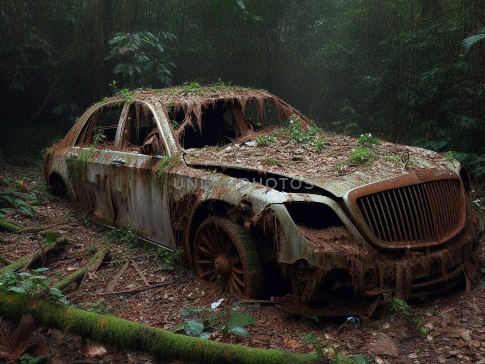 Abandoned rusty expensive atmospheric deluxe sedan car limo as circulation banned for co2 emission 2030 agenda , severe damage, broken parts, plants overgrowth bloom flowers. ai generated