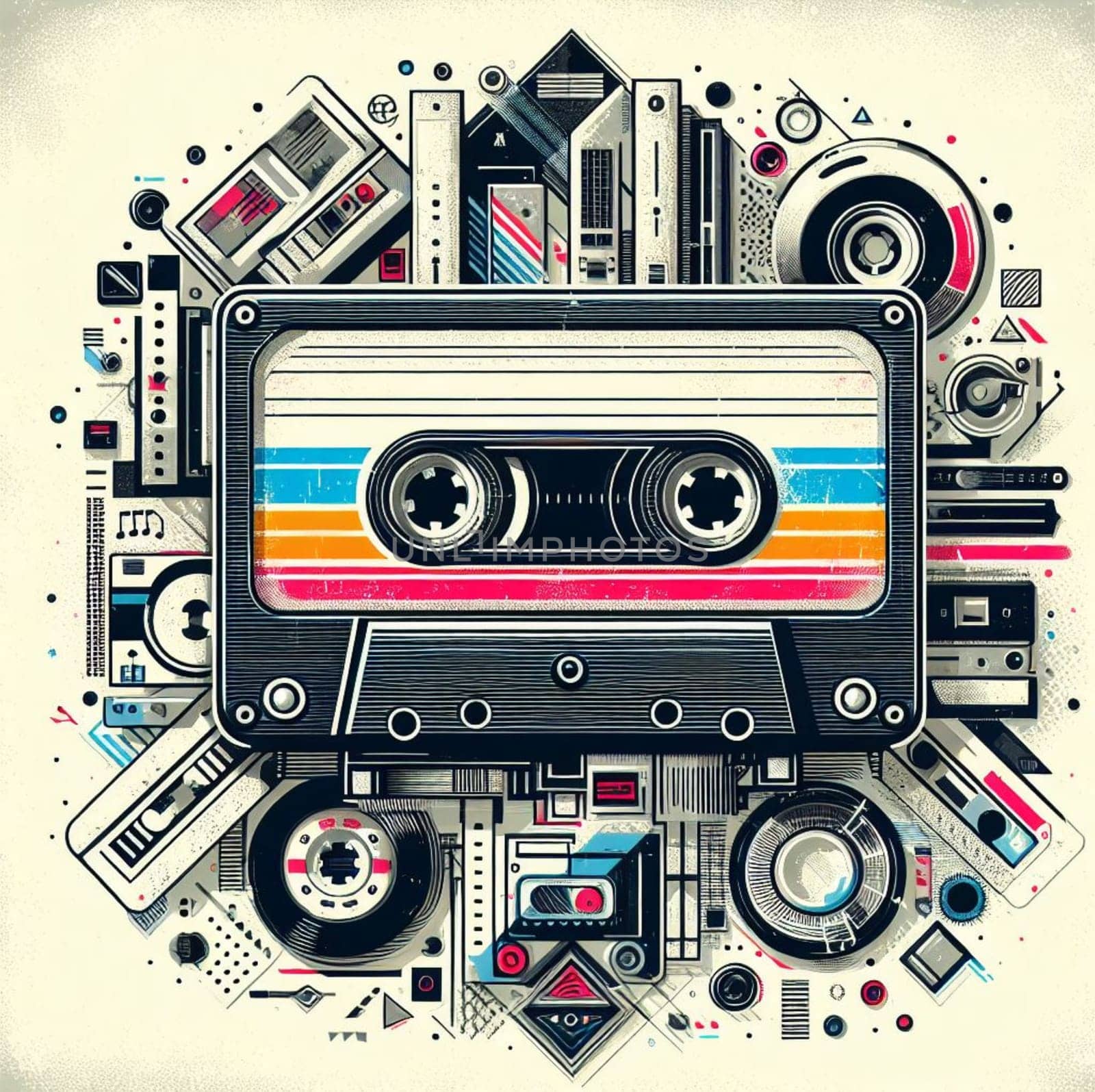 a pile of retro 70s 80s audio hifi blank virgin cassette tapes analog recorded media illustration vintage palette ai generated