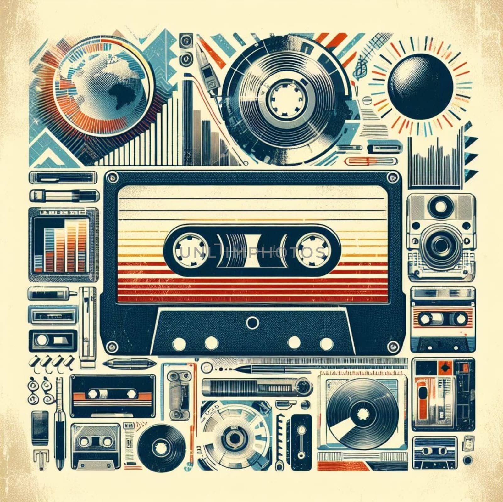 a pile of retro 70s 80s audio media hifi blank virgin cassette tapes illustration vintage palette by verbano