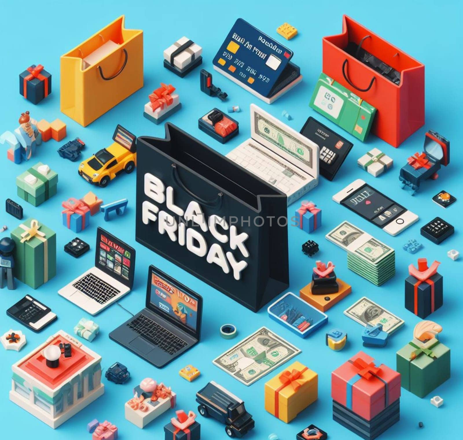 Isometric illustration of luxury items, gadgets and gifts associated with Black Friday deals, ai generated