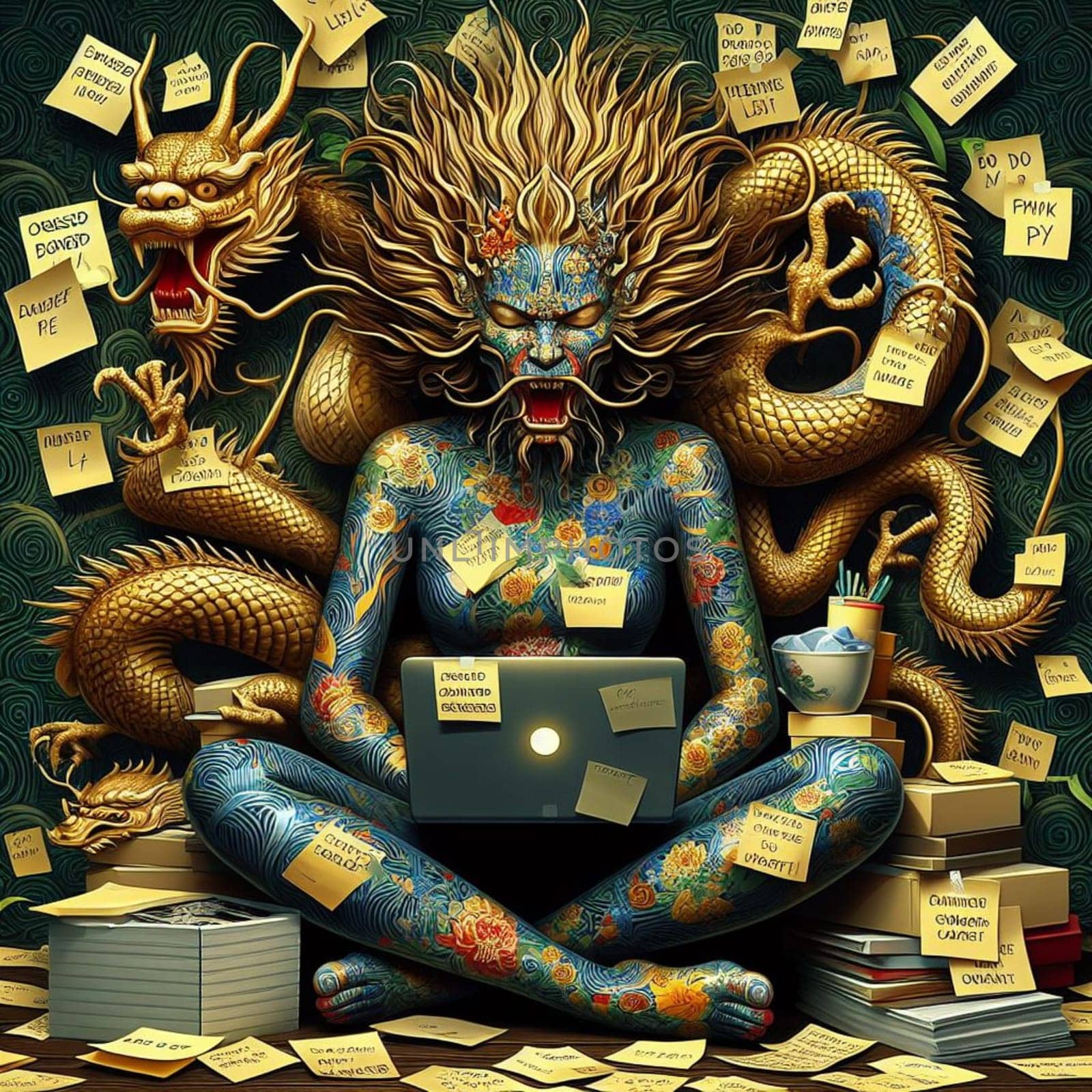 a stressed woman and chinese dragon icon covered of post it notes working with laptop in the office by verbano