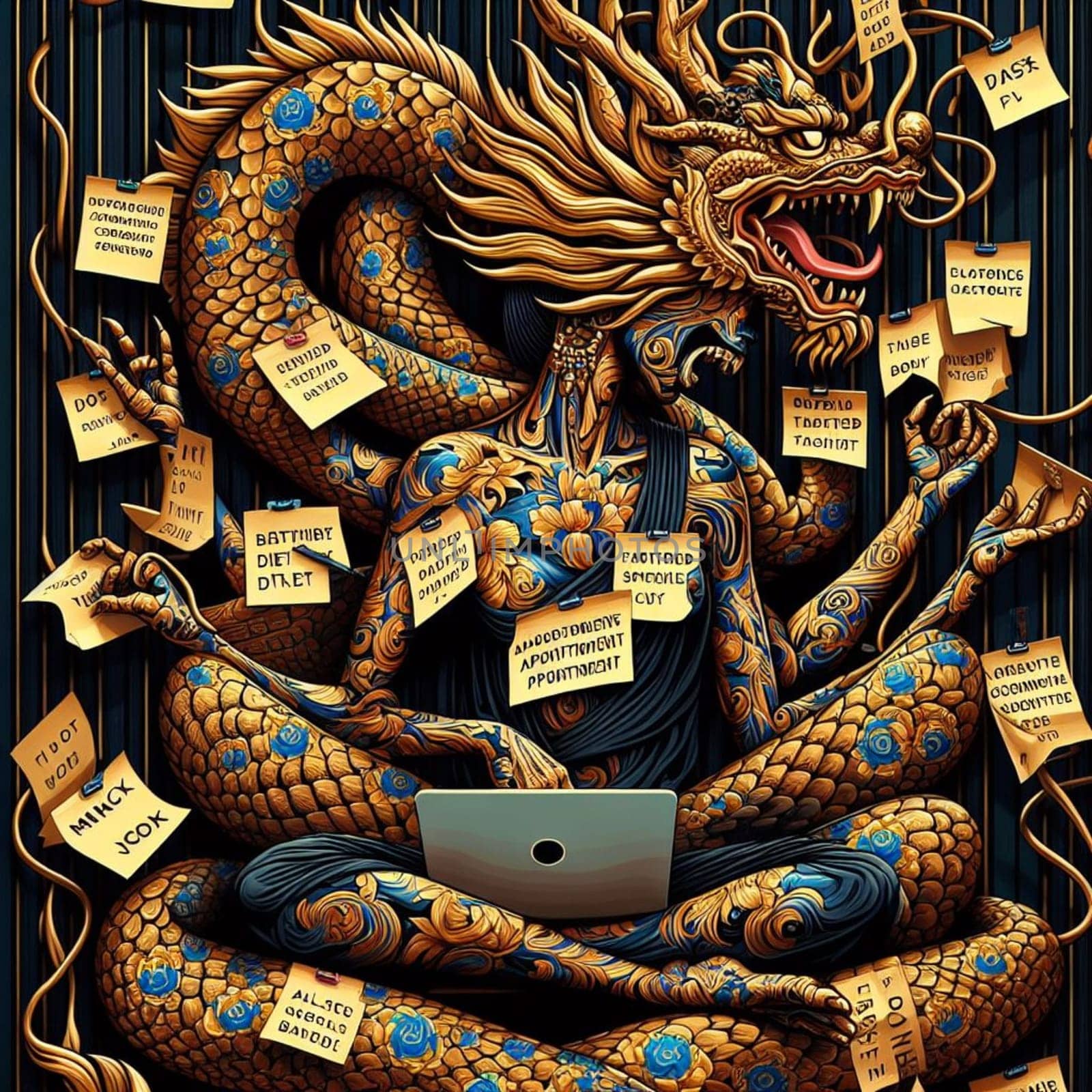 a stressed woman and chinese dragon icon covered of post it notes working with laptop in the office by verbano