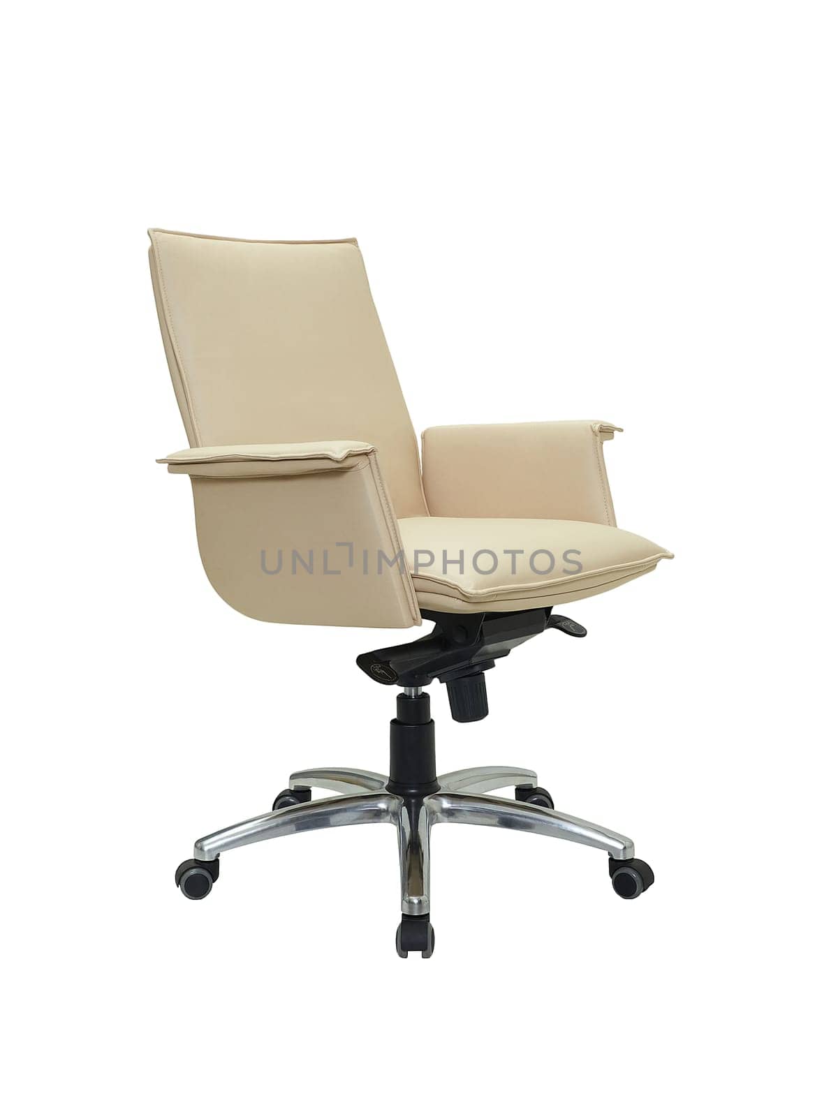 beige office armchair on wheels isolated on white background, side view. furniture in minimal style