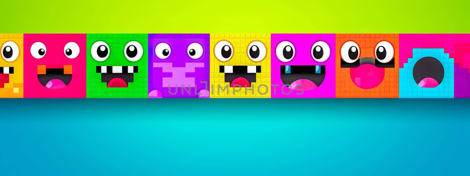 Colorful pixel art characters on gradient backdrop