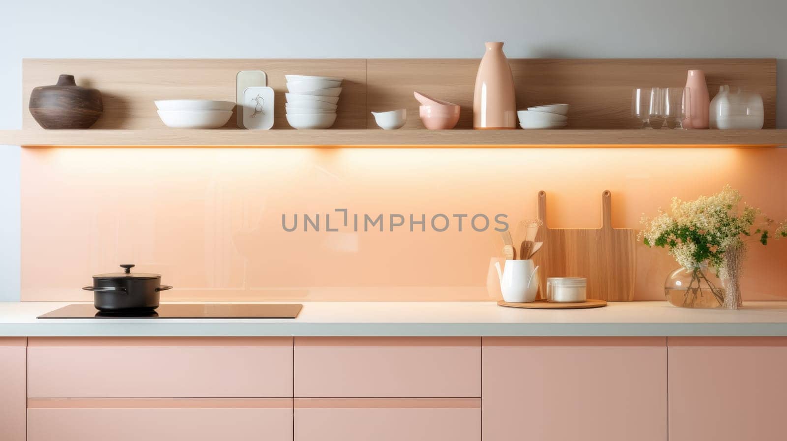 Interior with a delicate peach color. Peach-colored kitchen Interior design AI