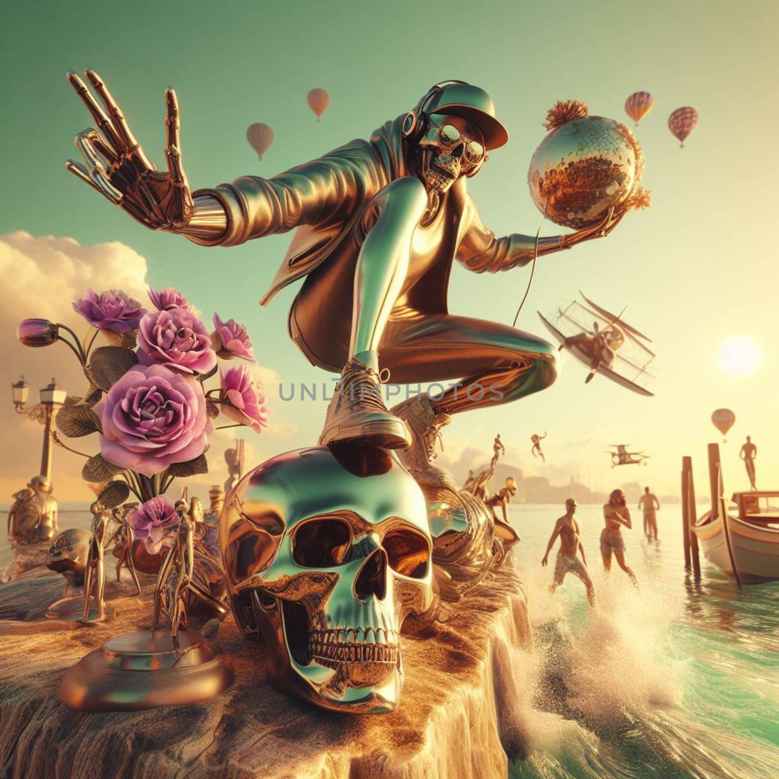 metallic alien dj with human skull, posing and play music for a crowd dancing in the beach at sunset by verbano