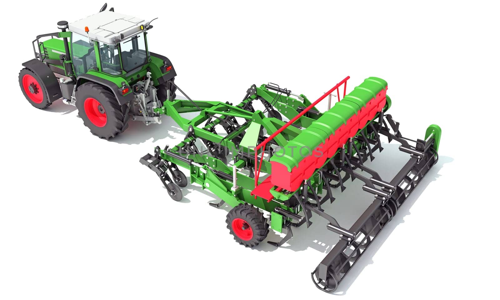 Farm Tractor with Trailed Disc Harrow 3D rendering model on white background