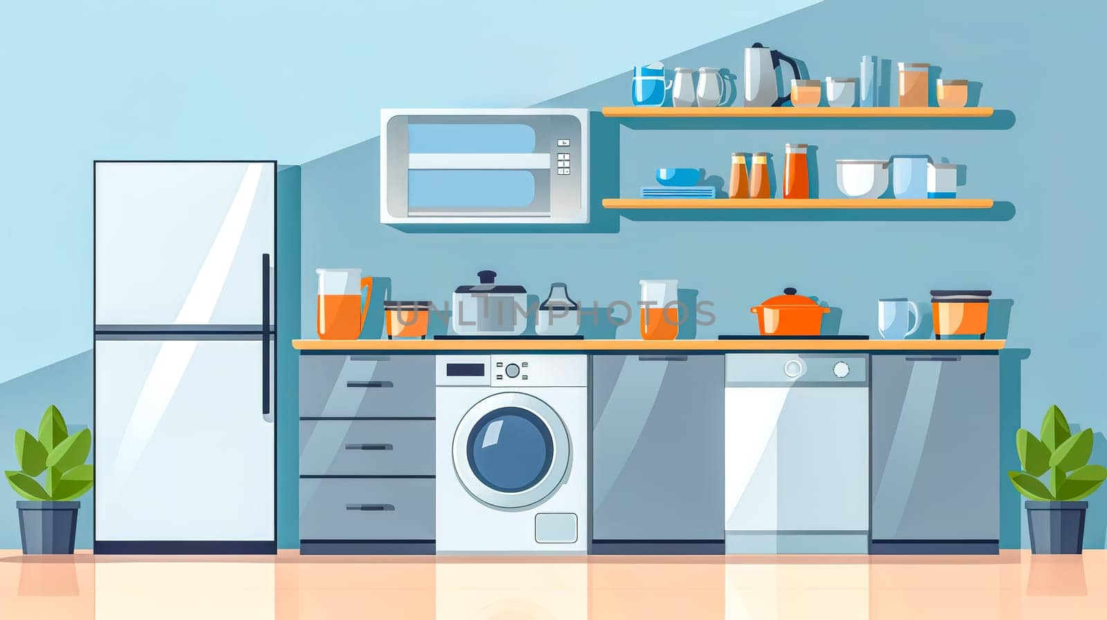 Modern kitchen with appliances and utensils in blue and orange, banner