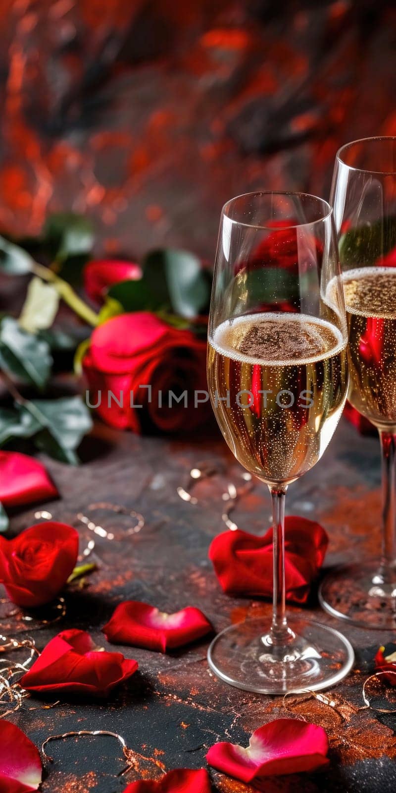 Valentine's day background with glasses of champagne and roses. Vertical banner or greeting card for smartphone