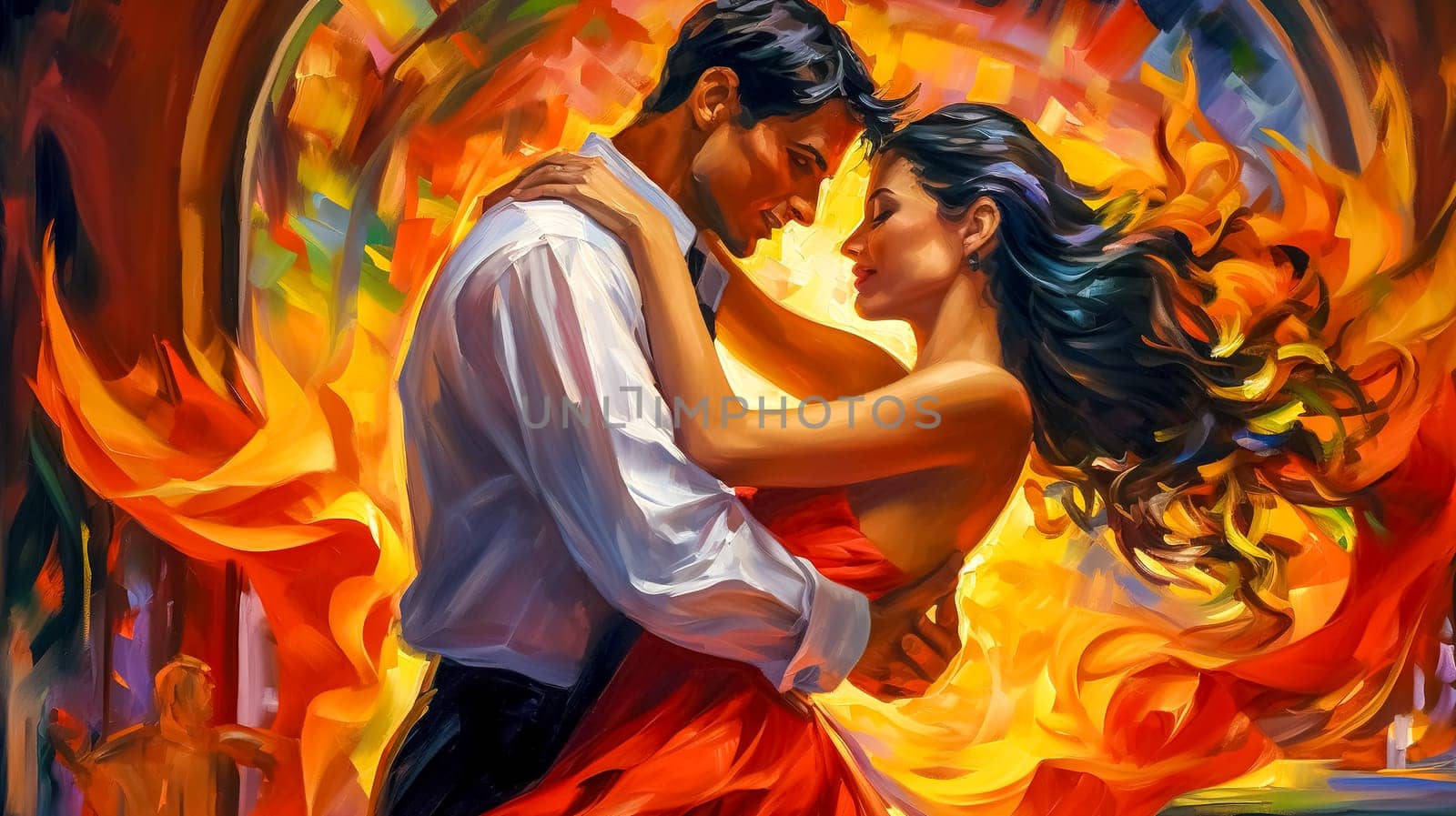 Passionate dance of a couple enveloped in the fiery hues of Latin rhythm