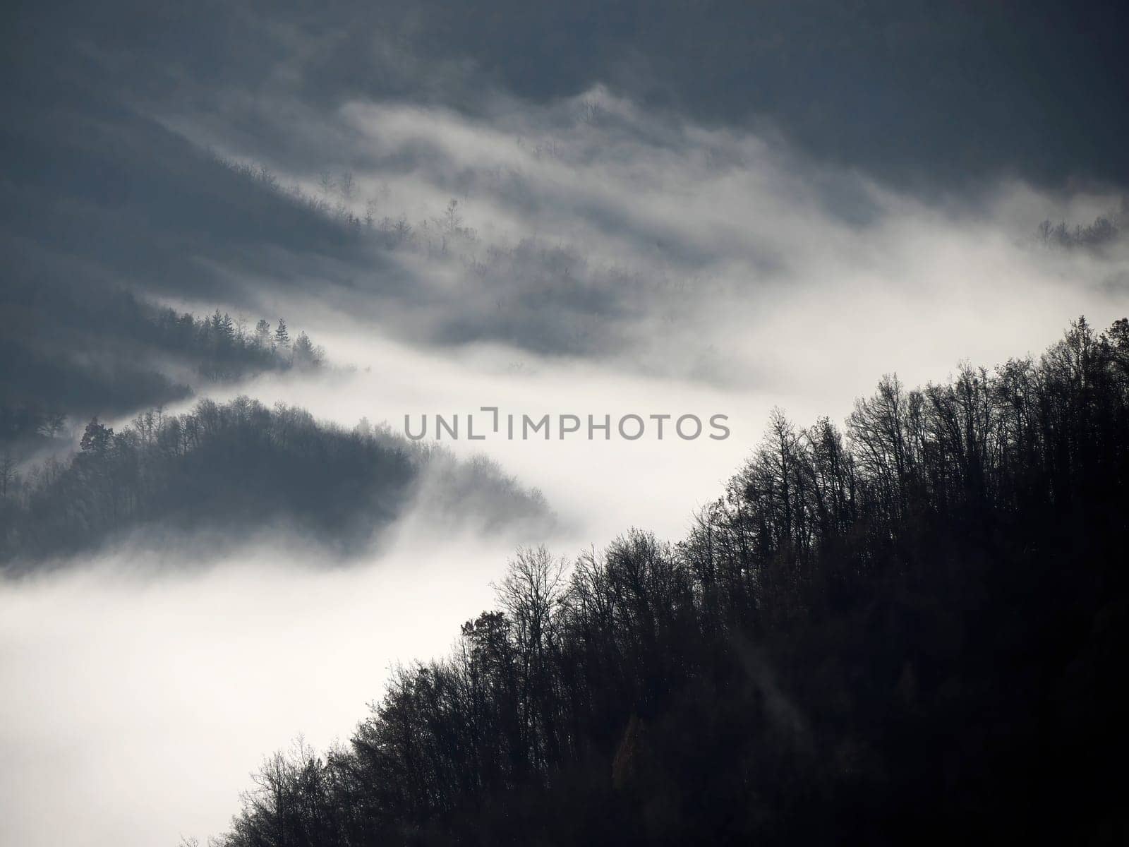 low clouds like fog in appennines valley around Bismantova stone a rock formation in the Tuscan-Emilian Apennines (Italy) by AndreaIzzotti