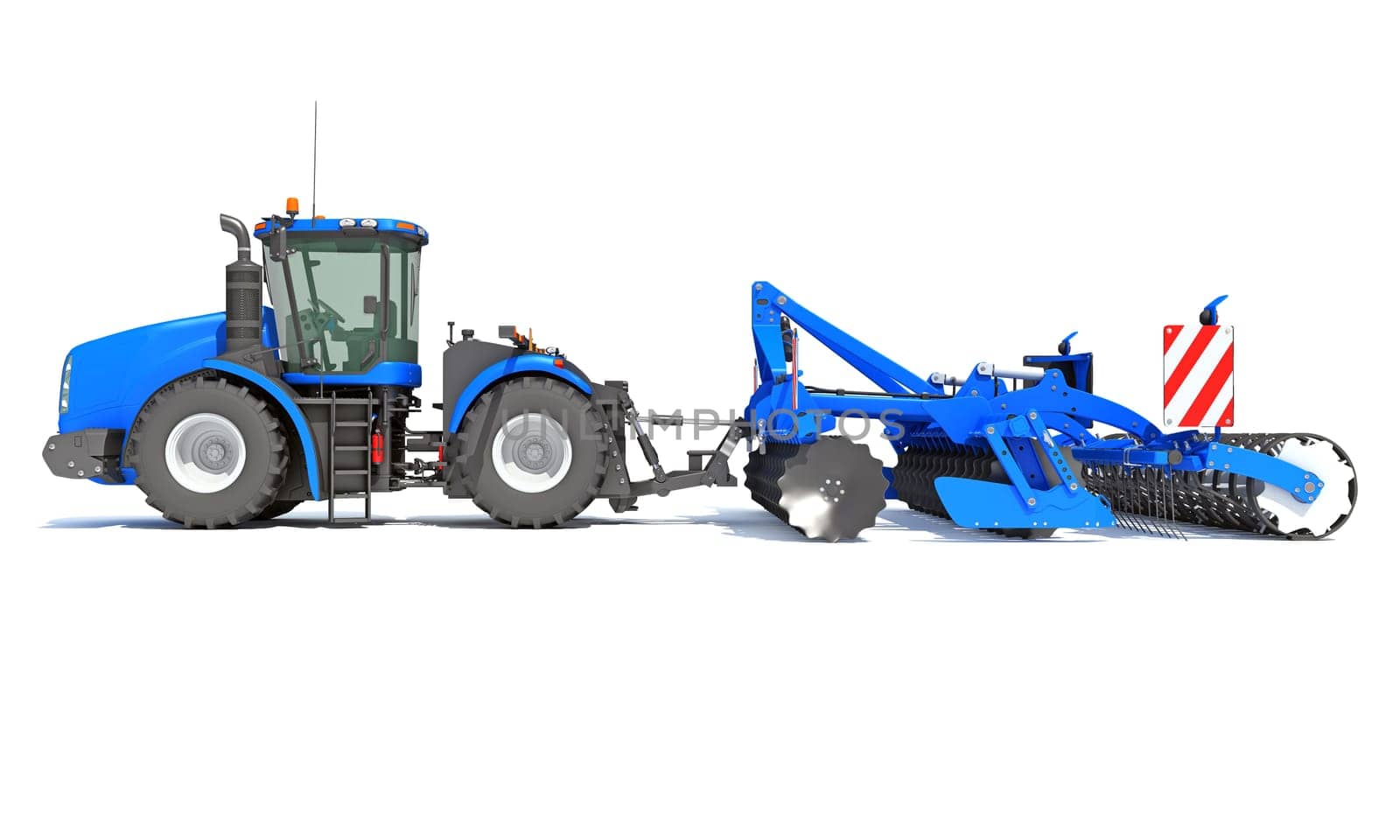 Farm Tractor with Compact Disc Harrow 3D rendering on white background by 3DHorse