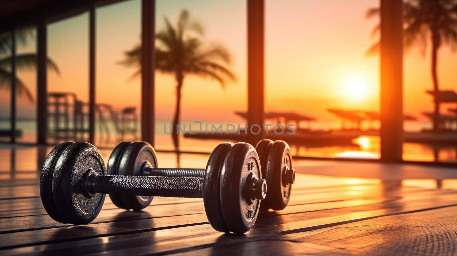 Detail to fitness dumbbell with fitness studio in background during sunset by Kadula