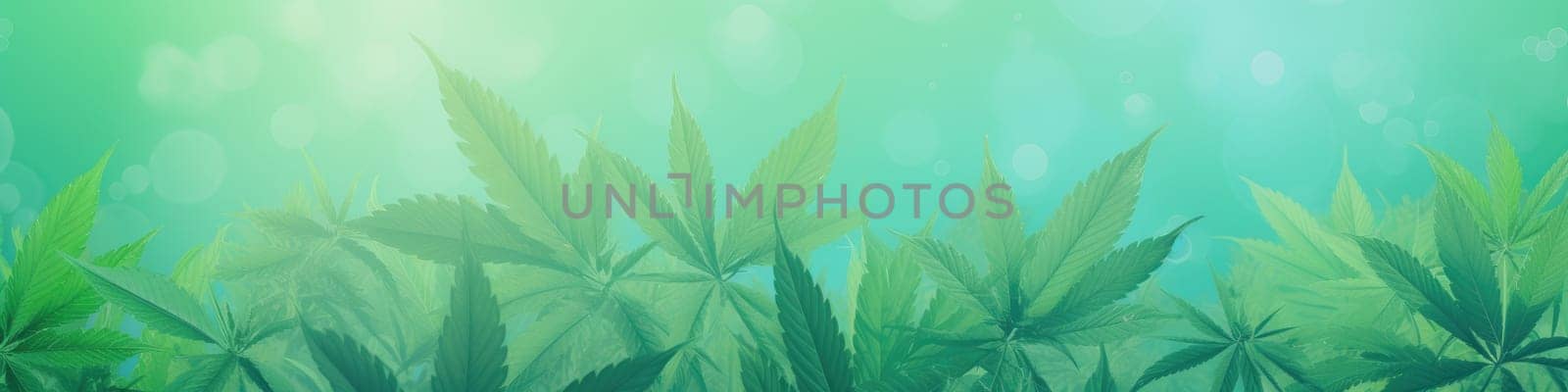 Detail to marijuana plants and leaves on a light green background banner