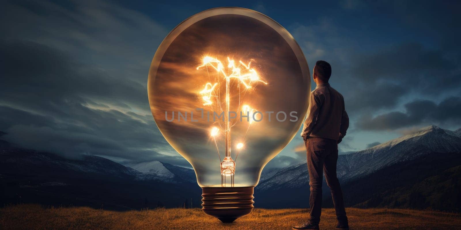 A huge bulb in front of the man with a some ideas