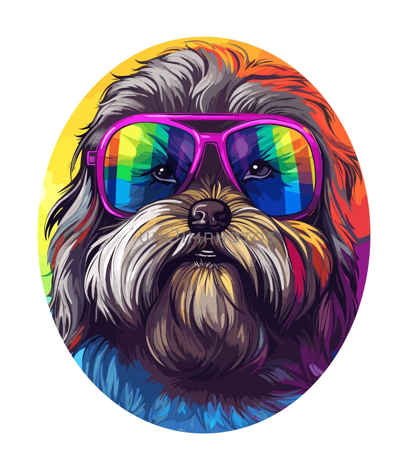 Funny cartoon dog in sunglasses in decorative vector pop art style. Template for poster, t-shirt print, sticker, design element, etc.