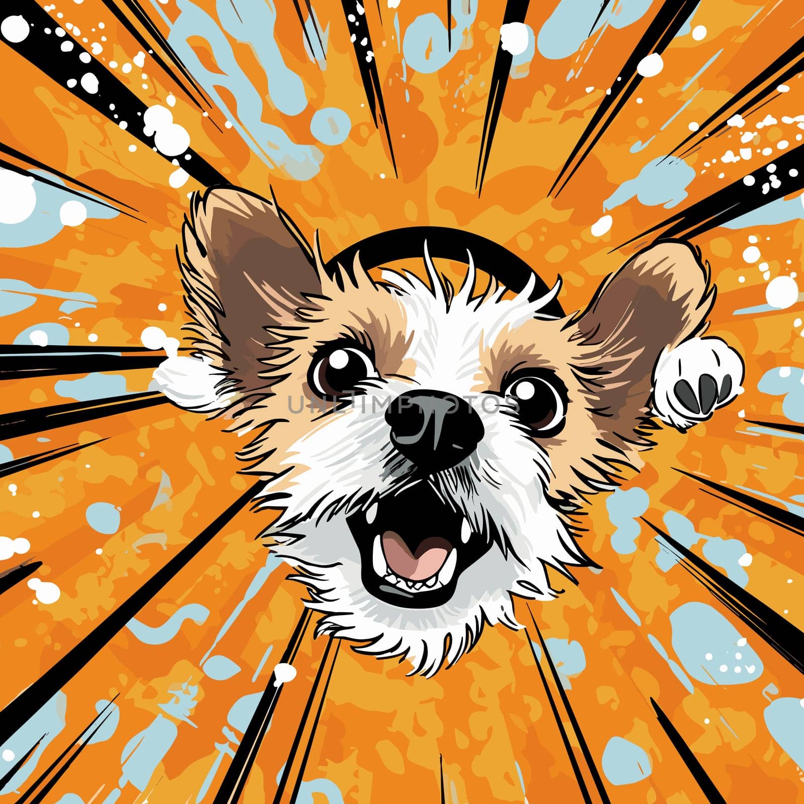Funny cartoon dog in decorative vector pop art style. Template for poster, t-shirt print, sticker, design element, etc.