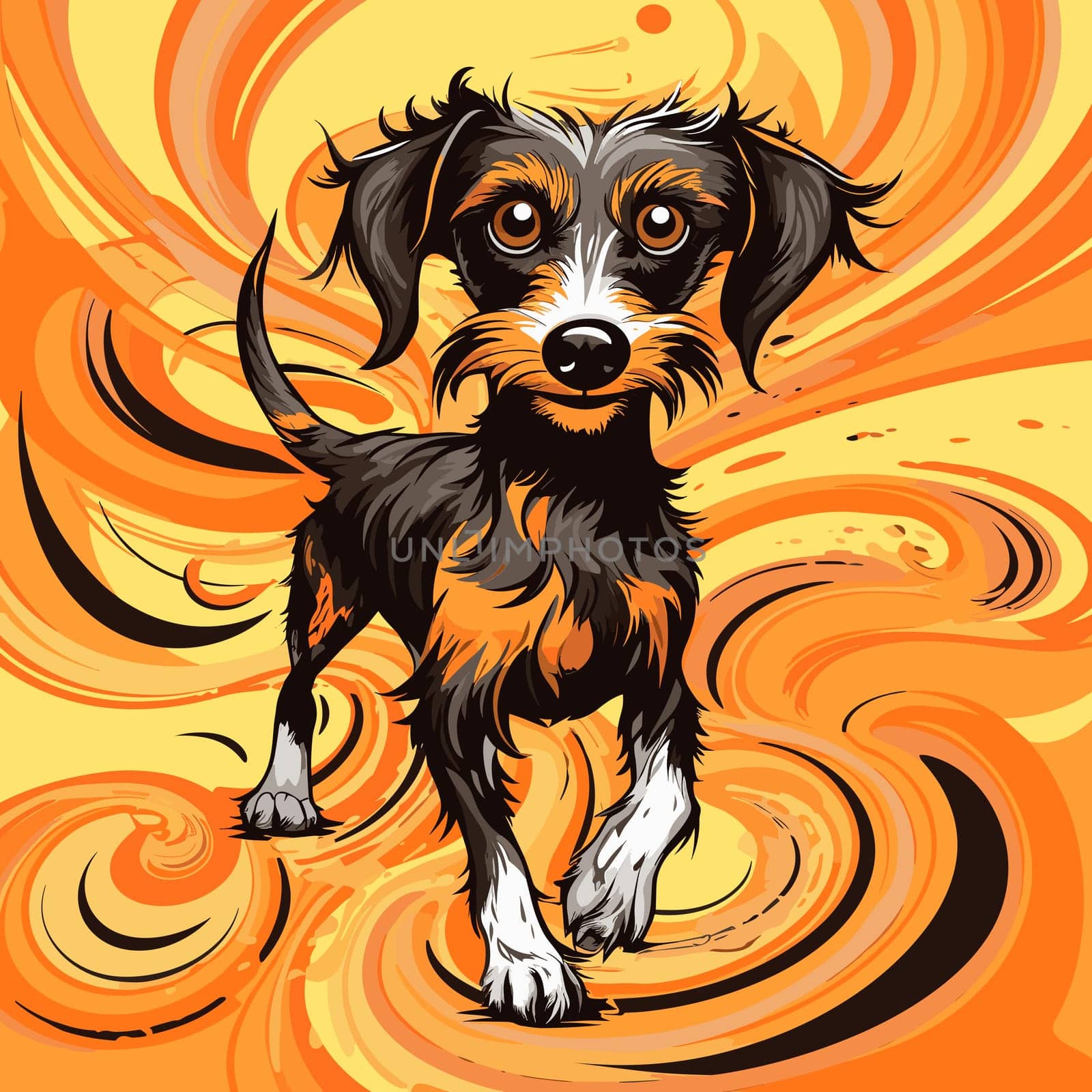 Funny cartoon dog in decorative vector pop art style. Template for poster, t-shirt print, sticker, design element, etc.