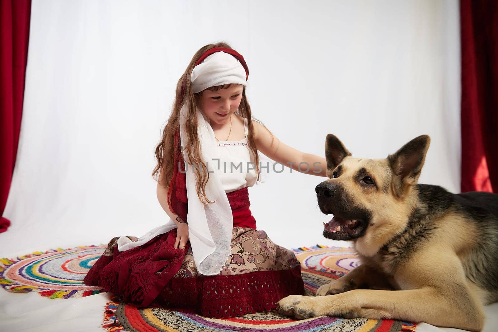 Portrait of Little girl in a stylized Tatar national costume with big shepherd dog on a white background in the studio. Photo shoot of funny young teenager who is not professional model by keleny