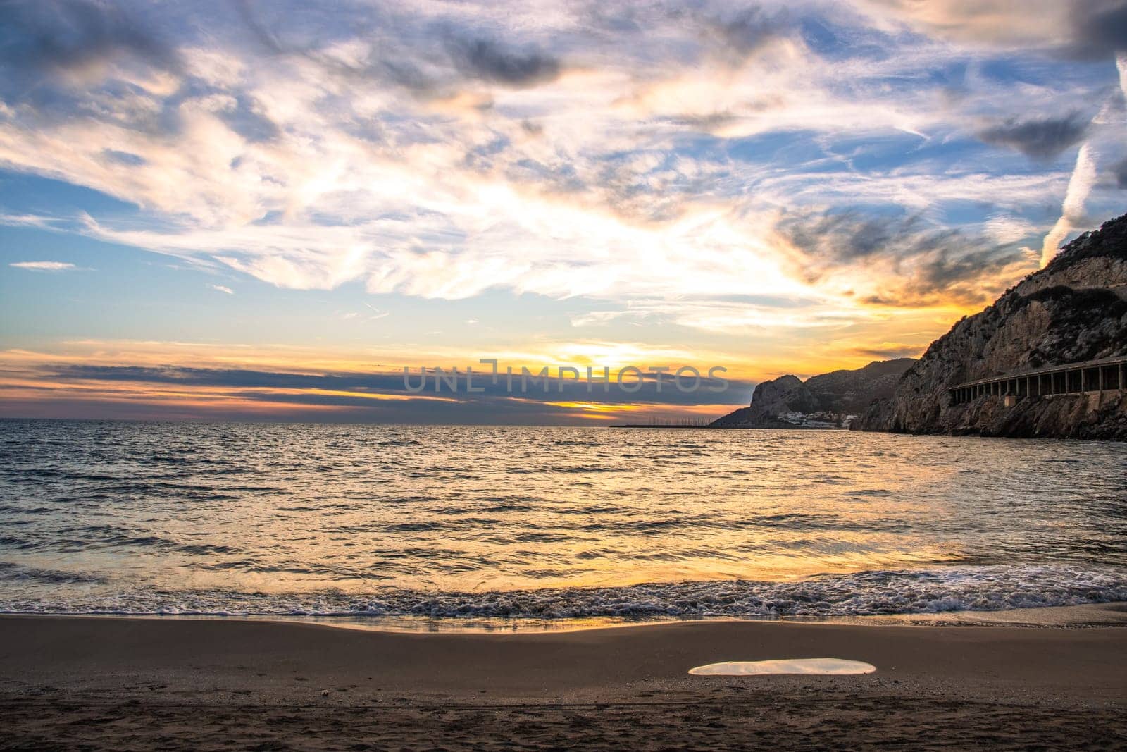 Amazing panoramic landscape of rocky shore photo. Sunrise sundown sky with colorful clouds. Mediterranean sea. by _Nataly_Nati_