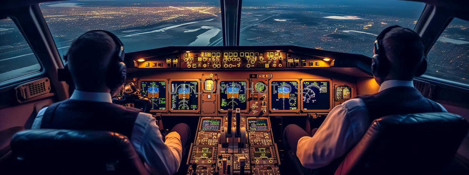 view from the cockpit of a commercial airplane, featuring two pilots at the controls during a night flight