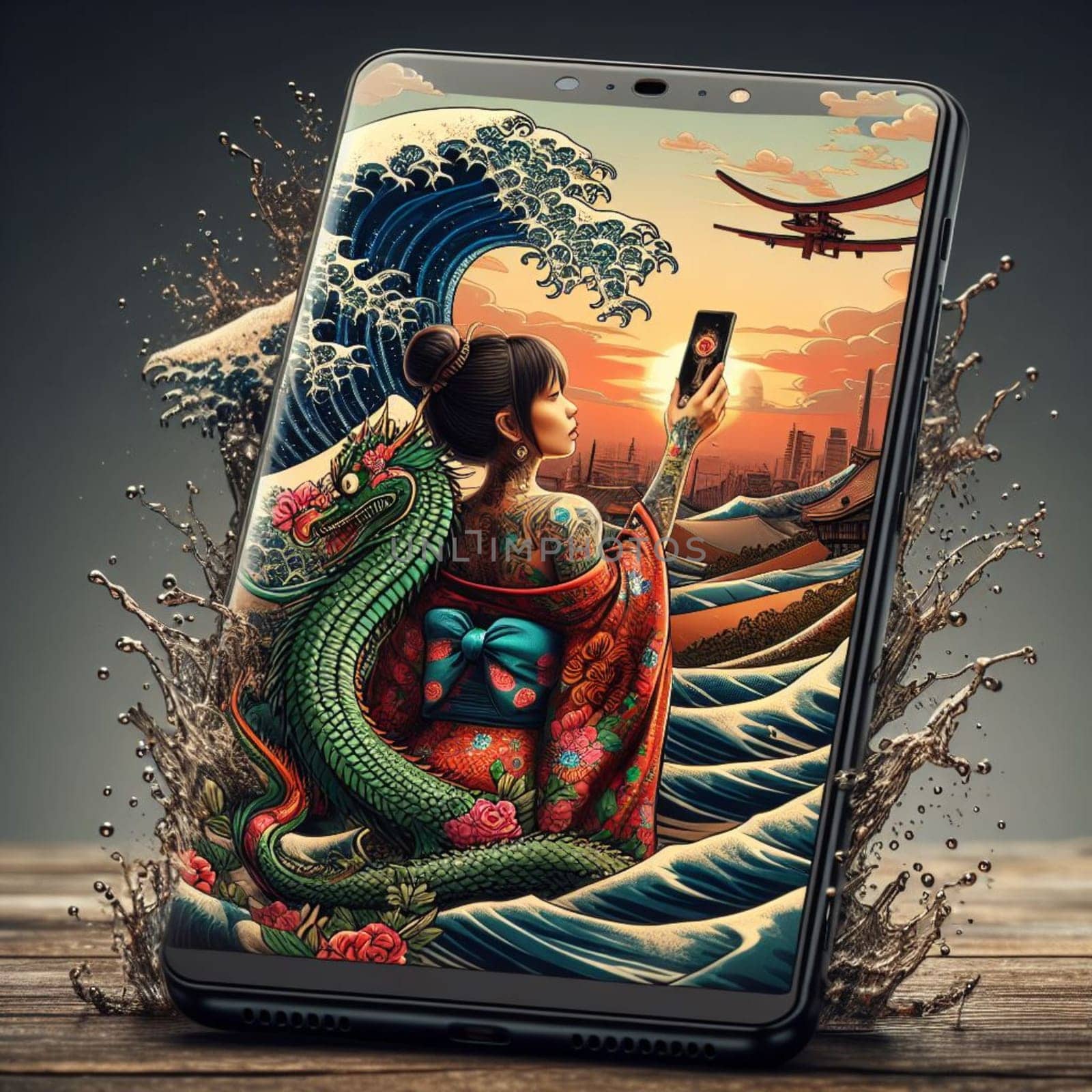 traditional asian woman wear kimono silky dress dance with dragon in chinese new year, background shanghai city skyline come out of phone screen on a desk