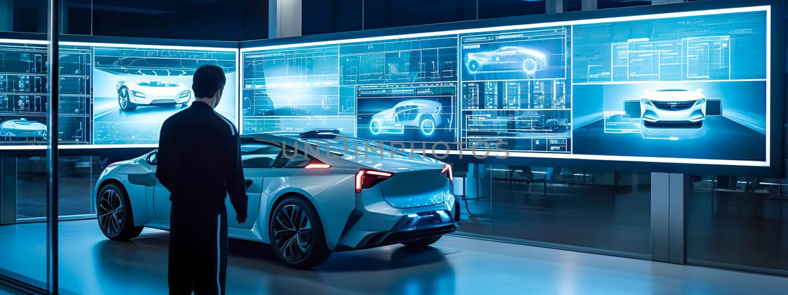 futuristic scene where an engineer or a designer is standing in front of large, illuminated displays showing the blueprints and technical details of a high-tech autonomous vehicle