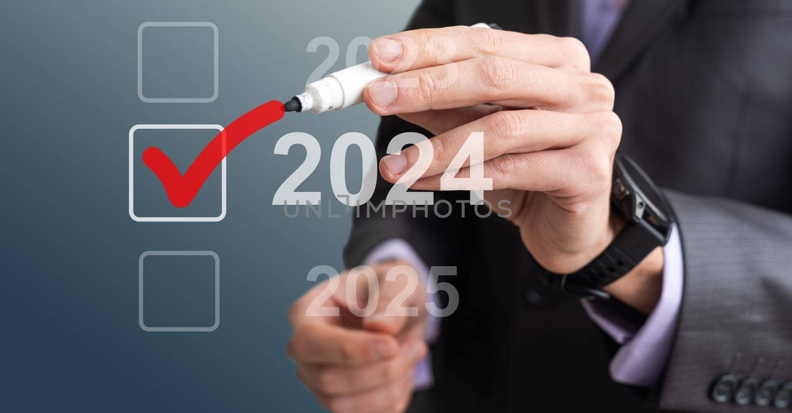 Businessman pressing virtual button New 2024 Year by Andelov13