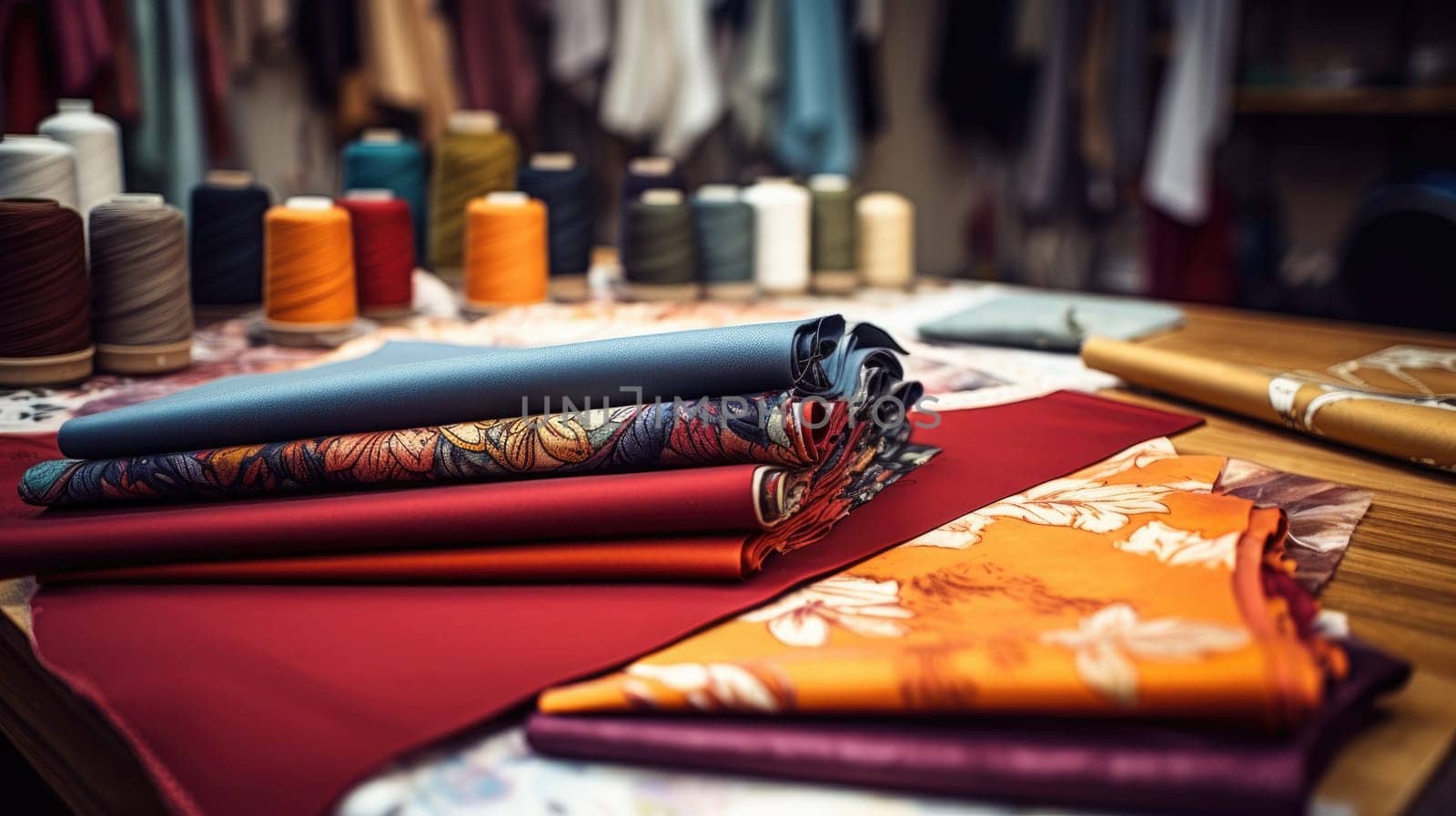 Samples of fabrics in a tailor studio in bright colors. AI