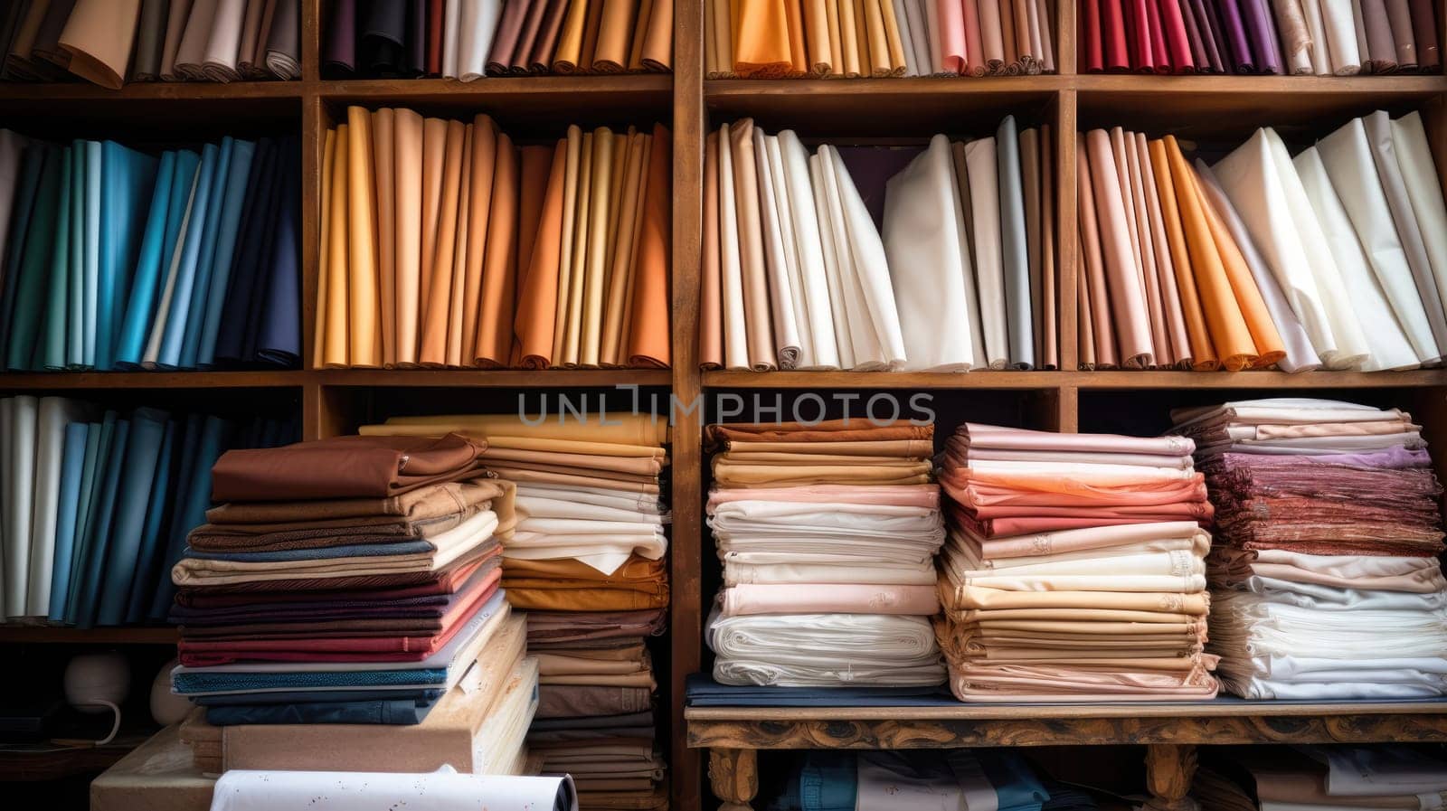 Samples of fabrics in a tailor studio in bright colors. AI