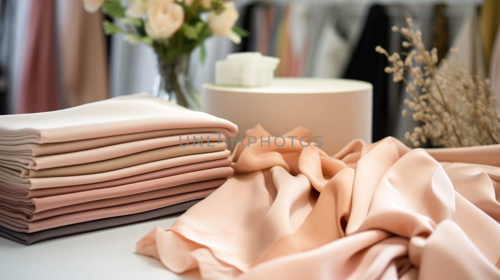 Samples of fabrics in a tailor studio in a soft peach color. AI