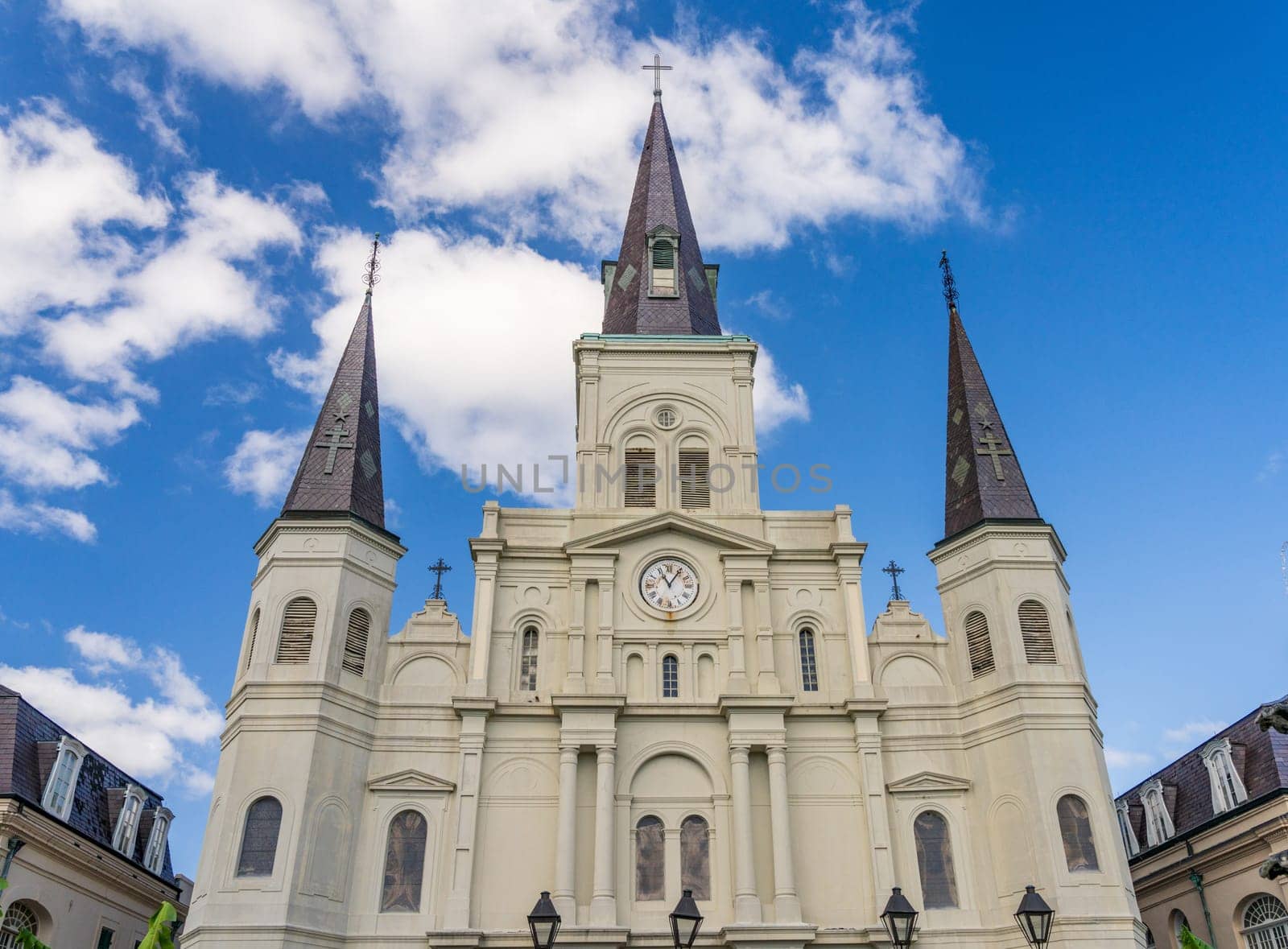 Facade and spires of the Cathedral of St Louis, King of France in the French Quarter of New Orleans in Louisiana