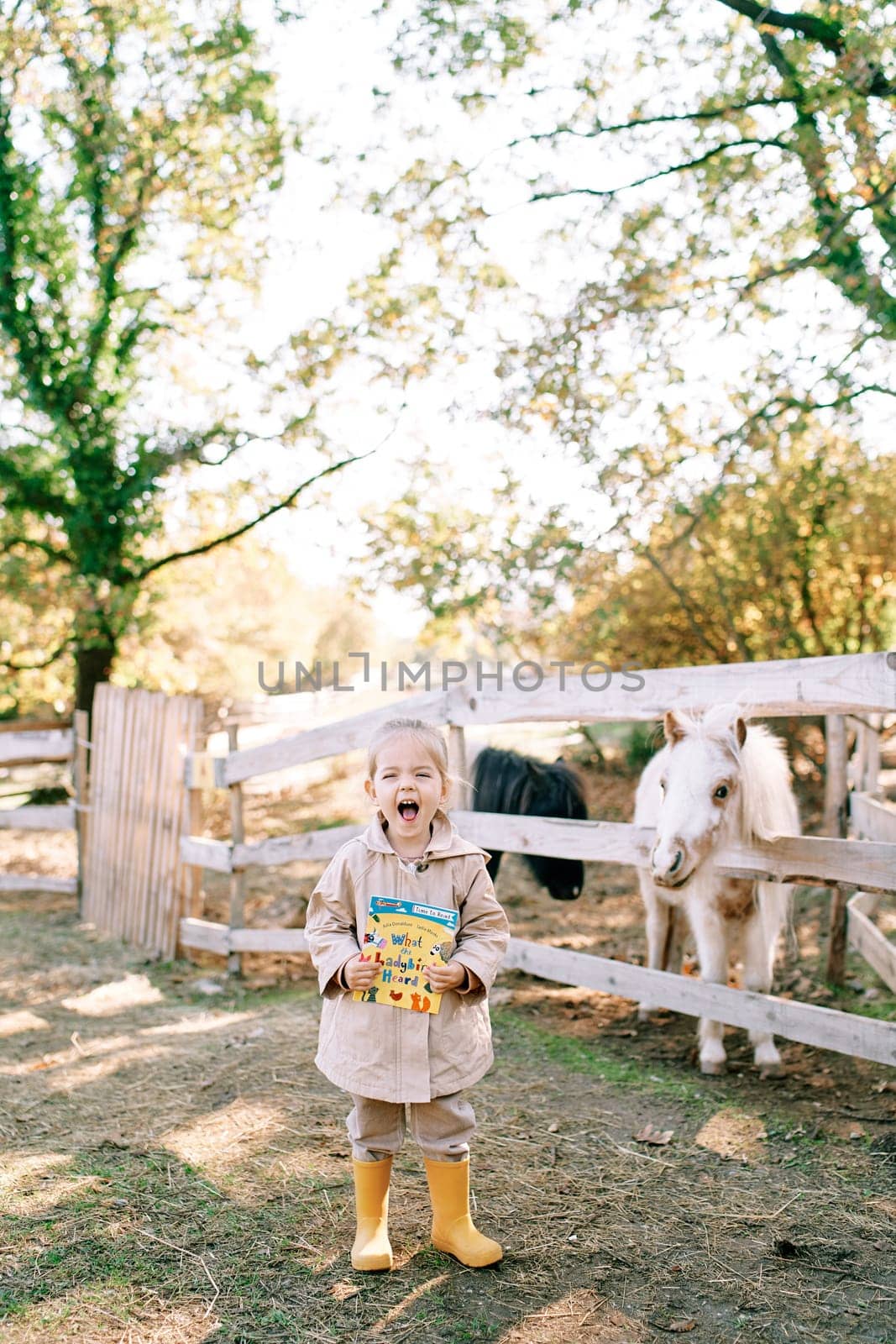 Little girl with colorful book screams while standing in front of pony paddock on farm. High quality photo