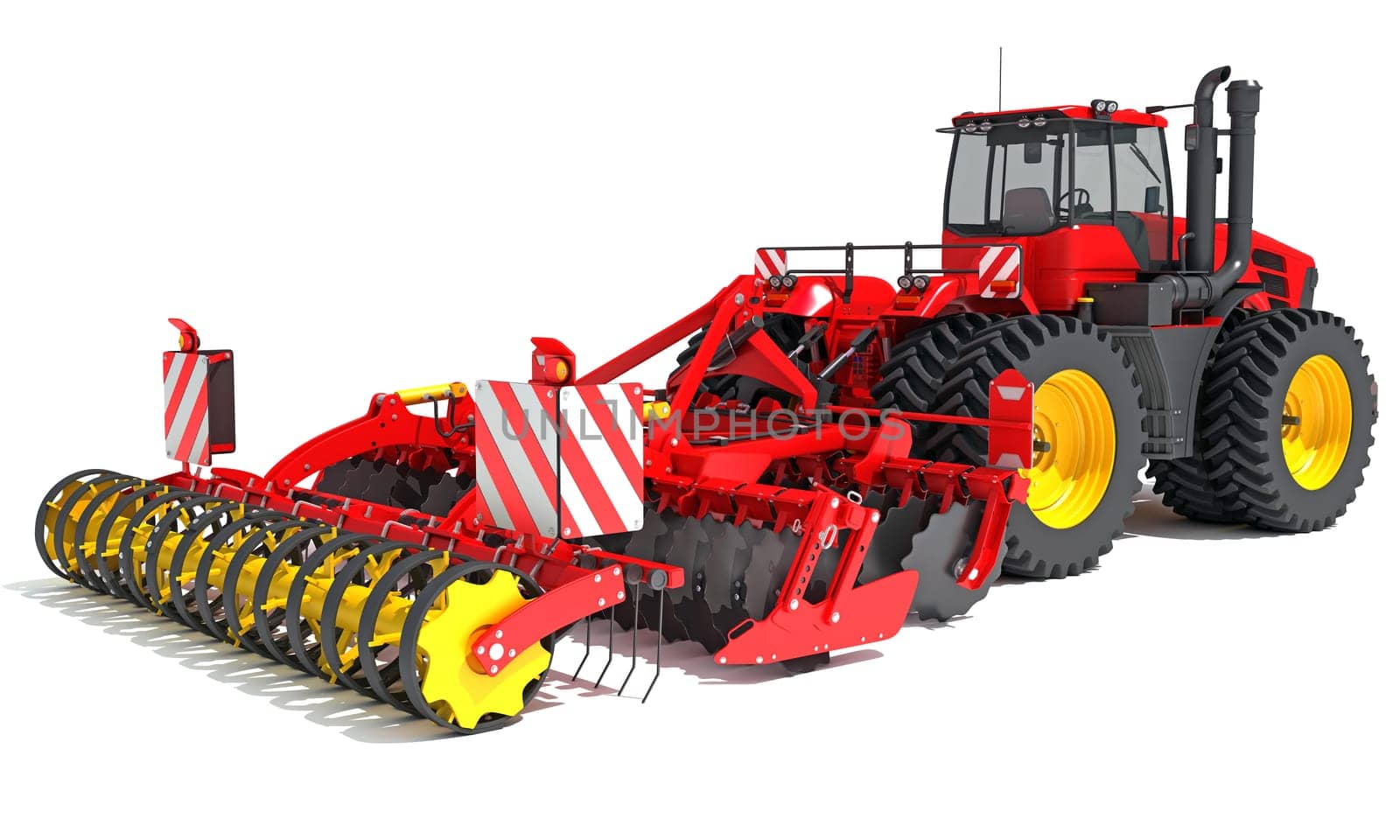 Farm Tractor with Compact Disc Harrow 3D rendering model on white background