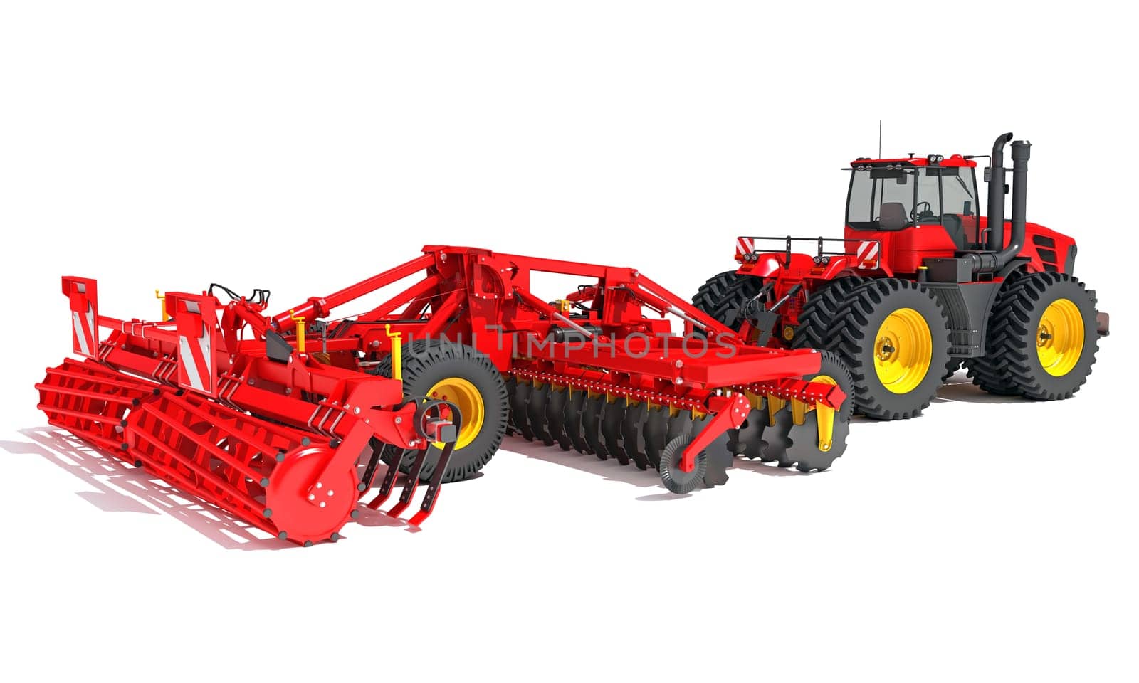 Farm Tractor with Compact Disc Harrow 3D rendering on white background by 3DHorse