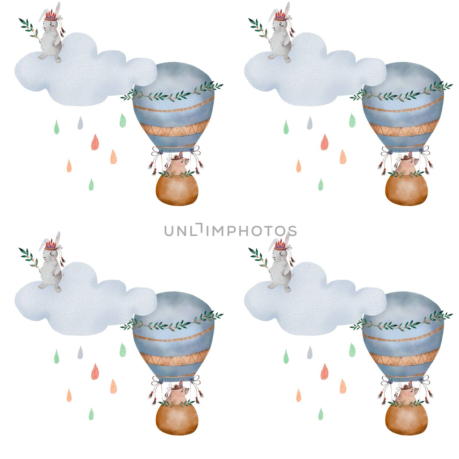 Watercolor pattern baby hot air balloons in pastel colors. Cute illustration of a bunny and a bear in boho style with clouds and colorful rain. Kawaii seamless image for printing on children's textiles and children's room design. High quality illustration