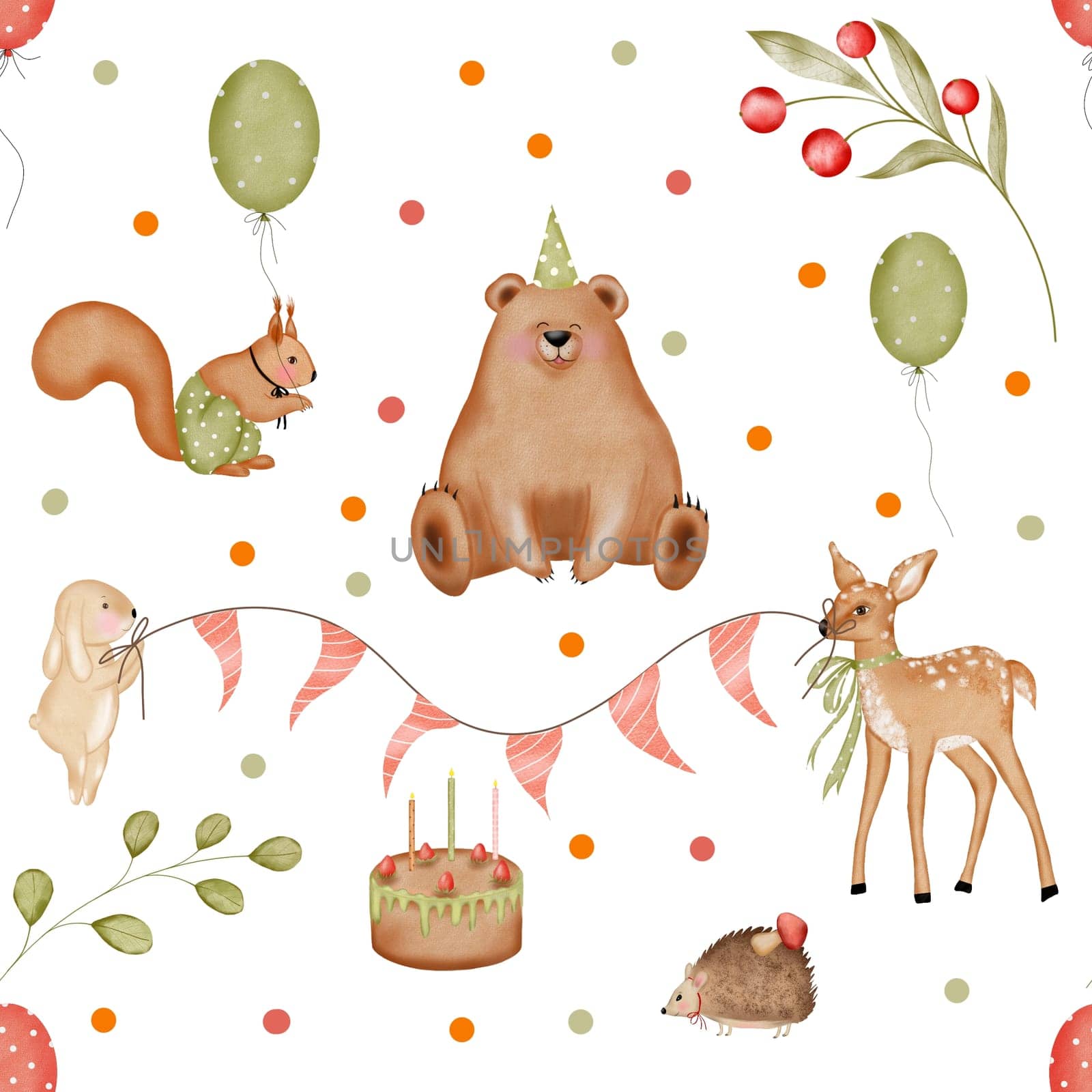 Watercolor seamless pattern forest animals for birthday with colorful confetti. Cute bear with cake. Fawn and bunny with garlands. A squirrel with a balloon and a hedgehog with mushrooms. Kawaii design for printing on children's textiles and wrapping paper by TatyanaTrushcheleva
