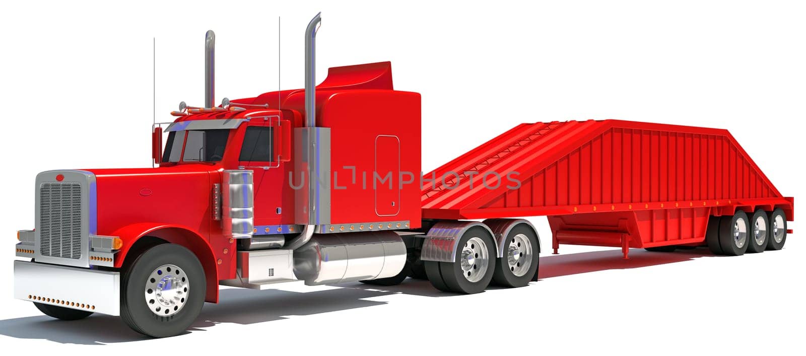 Truck with Bottom Dump Trailer 3D rendering on white background by 3DHorse