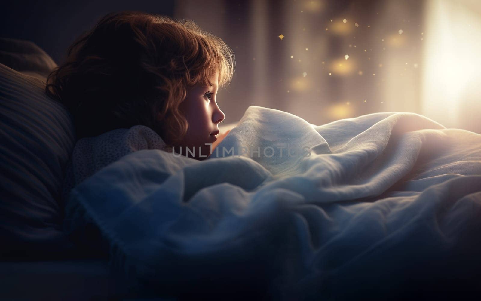 Adorable Little Boy, Child Lying, Sitting On Bed Under Blanket, Getting Ready To Sleep Or Waiting For Tooth Fairy. Cozy Night Room, Happy Dreams. Cute Preschool Kid Enjoys Leisure Time AI Generated.