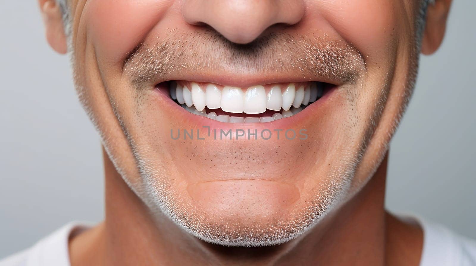 Cropped Middle Age Male Face with Beautiful White Healthy Teeth Smile. Caucasian 60 yo Man with Perfect Tooth. Horizontal Plane AI Generated. Dentistry and Denture Concept. Veneers by netatsi