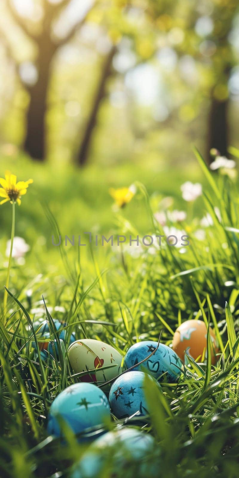 Happy Easter. Decorated Easter eggs on green grass on a sunny spring day. Easter vertical banner for smart phone with copy space