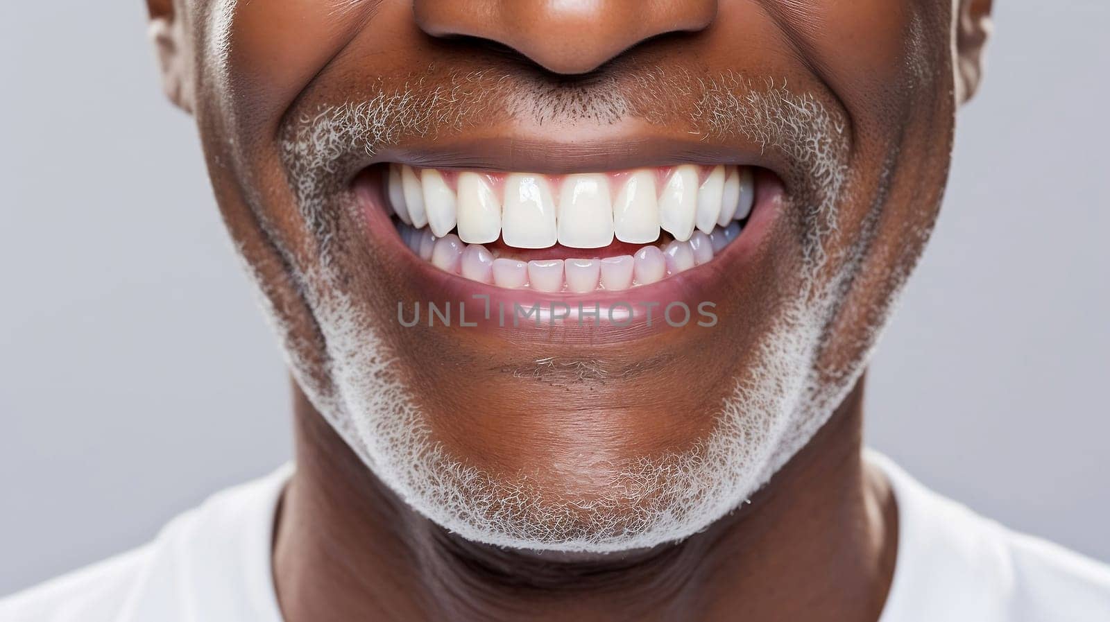 60 yo African American Male Face with Hollywood Smile, Beautiful White Healthy Teeth. 60 yo Man with Perfect Tooth. Horizontal AI Generated. Dentistry and Denture Concept. Closeup Veneers.